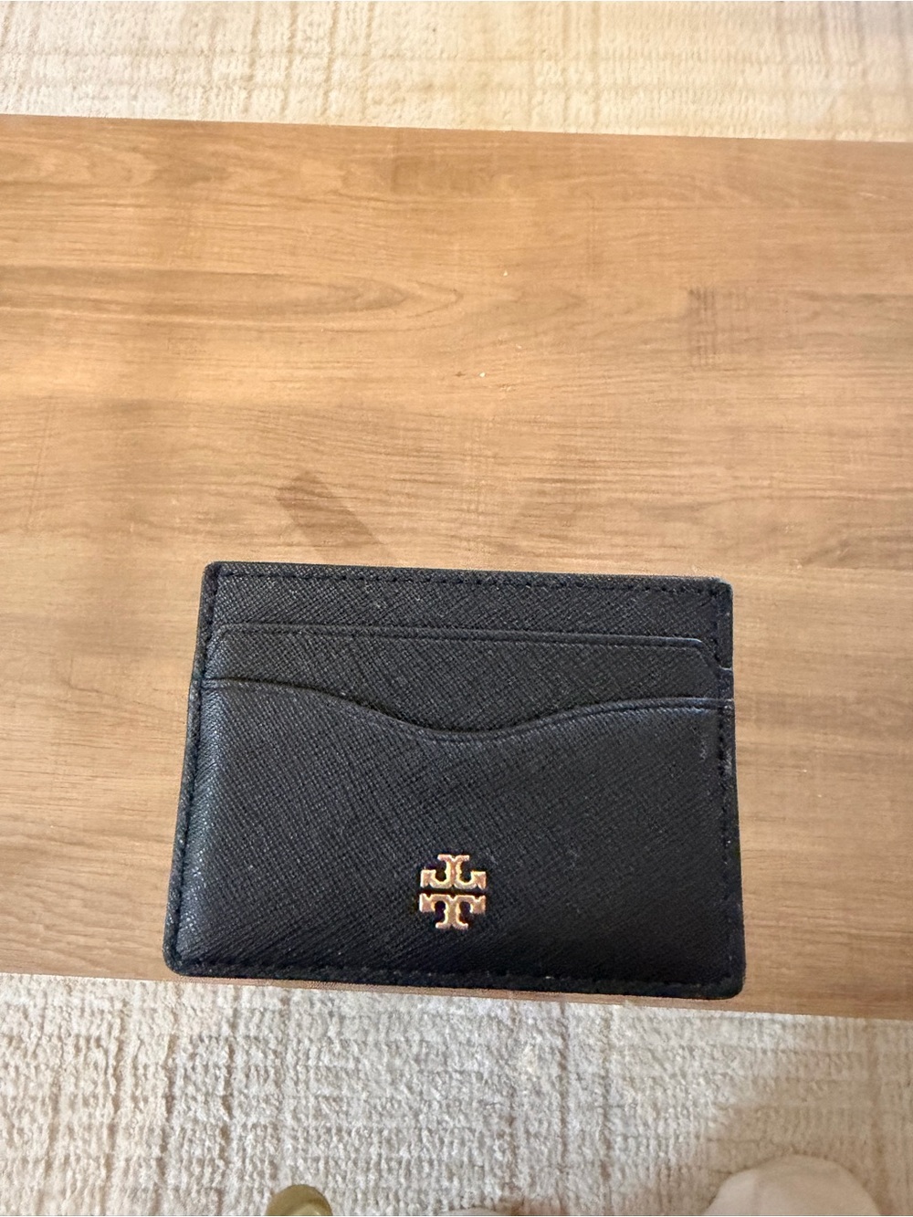 Tory Burch Black Leather Card Holder with Gold Logo Accent